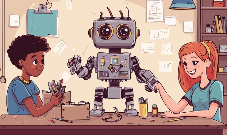 Vector innovación colaborativa estudiantes que construyen un robot