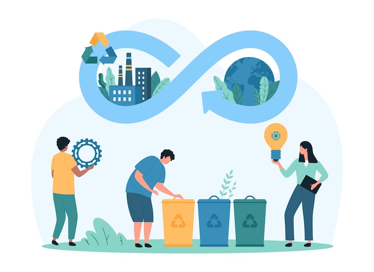 Vector innovación en economía circular estrategia sostenible y soluciones tecnológicas por parte de personas pequeñas