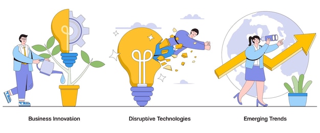 Innovación empresarial tecnologías disruptivas concepto de tendencias emergentes con carácter ecosistema de innovación conjunto de ilustraciones vectoriales abstractas adopción de tecnología disrupción del mercado visión de futuro