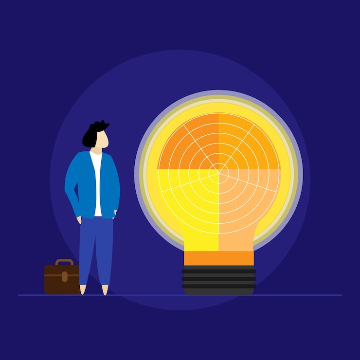 Vector innovación y energía positiva del pensamiento creativo, la mano grande le da una idea al hombre de negocios