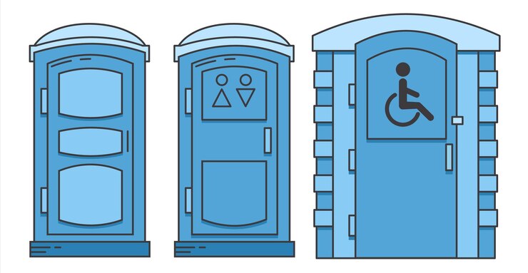 Vector inodoro biotoilet portátil móvil para minusválidos vista frontal armario de plástico azul inodoro