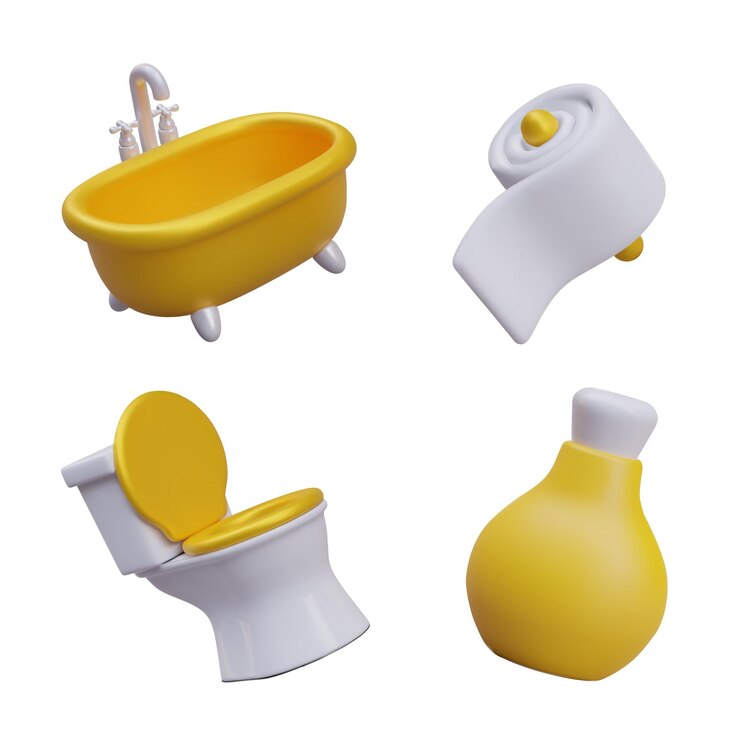 Vector inodoro de papel higiénico suave de baño de lujo con asiento dorado botella amarilla para producto cosmético líquido