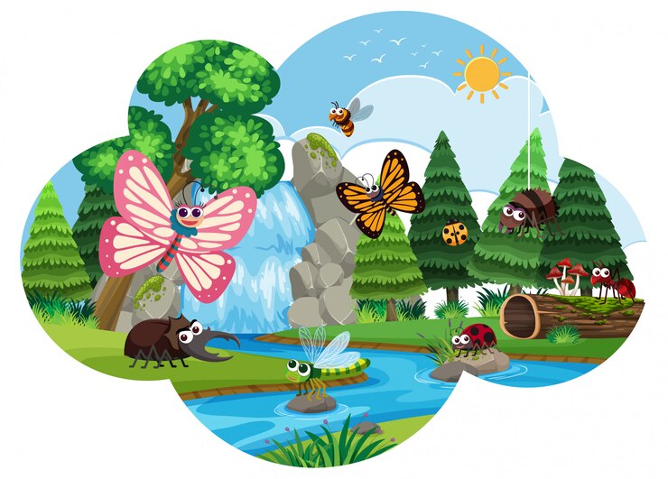 Vector inscets y mariposas en la escena de la cascada