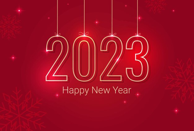 Inscripción 2023 Feliz Año Nuevo sobre un fondo rojo con destellos y copos de nieve