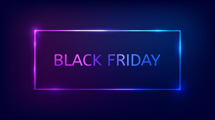 Vector inscripción del black friday en marco rectangular de neón con efectos brillantes ilustración vectorial