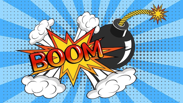 Vector la inscripción boom con una bomba fondo de arte pop