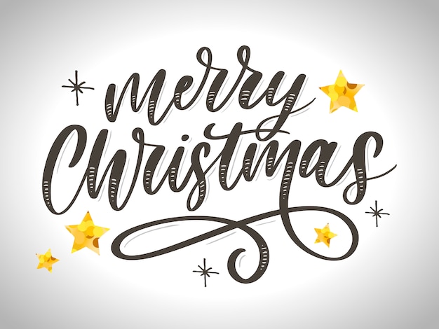 Inscripción caligráfica de feliz Navidad decorada con estrellas doradas y cuentas