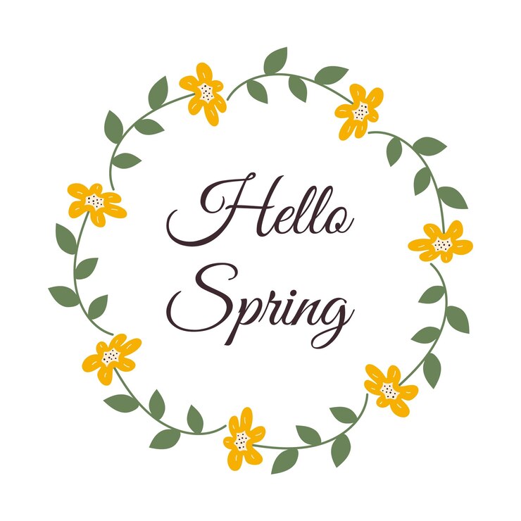 Inscripción caligráfica Hola Primavera con marco floral Corona de flores amarillas minimalistas dibujadas a mano Ilustración simple para celebrar la llegada de la primavera