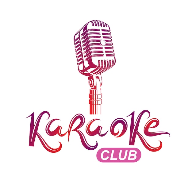 Inscripción en el club de karaoke, emblema vectorial conceptual de entretenimiento nocturno creado con un dispositivo de audio de micrófono grabador.