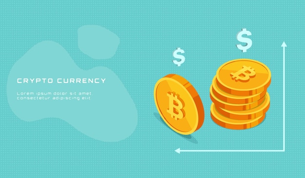 Inscripción de criptomoneda con monedas de bitcoin con signo de dólar y flechas en estilo isométrico