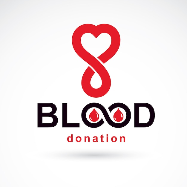 Inscripción de donación de sangre aislada en blanco y creada con gotas de sangre rojas vectoriales, forma cardíaca y símbolo infinito. Logotipo gráfico de tema médico para su uso en organizaciones benéficas.