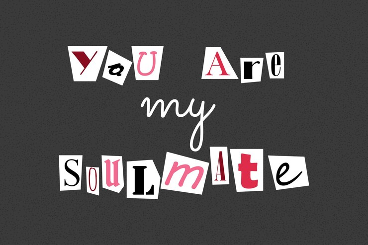 Vector inscripción eres mi alma gemela en estilo de texto de nota de rescate collage letras cortadas en papel elementos de imágenes prediseñadas vectoriales grunge declaraciones de amor sobre fondo con textura punteada efecto de semitono de punto arenoso ruidoso