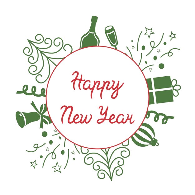 Inscripción de felicitación en un círculo con regalos y vino espumoso para el Año Nuevo