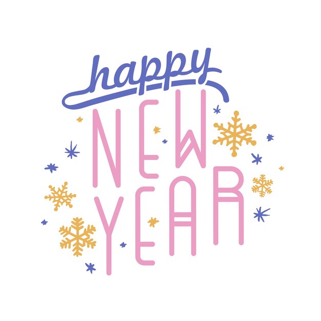 Inscripción de feliz año nuevo escrita con fuente caligráfica creativa. Composición de temporada con letras manuscritas decoradas con copos de nieve. Ilustración de vector de moda para tarjeta de felicitación navideña.
