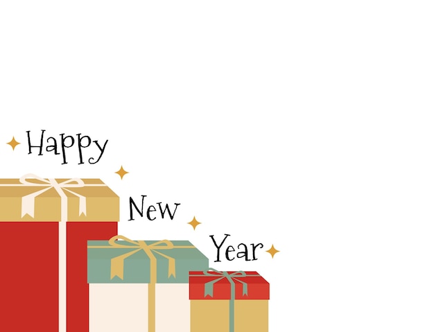 Inscripción de feliz año nuevo con regalos y estrellas.