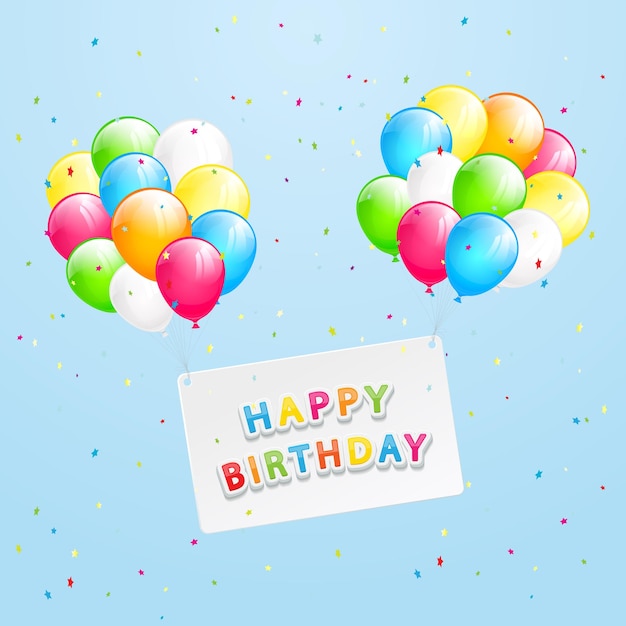 La inscripción Feliz cumpleaños en una tarjeta blanca con globos de colores voladores, banderines multicolores y confeti en la ilustración de fondo del cielo