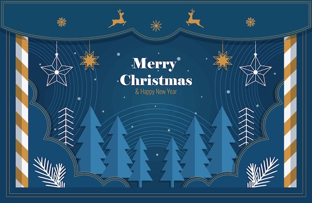Inscripción Feliz Navidad y Feliz Año Nuevo Banner de Navidad con árboles de Navidad ciervos y copos de nieve en técnica de papel