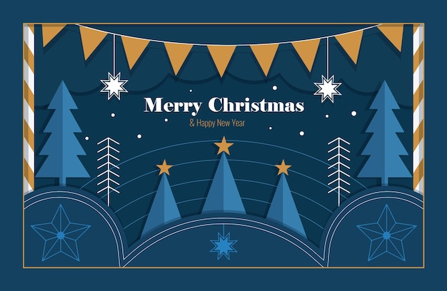 Inscripción Feliz Navidad y Feliz Año Nuevo Banner de Navidad con estrellas de árboles de Navidad y una guirnalda de banderas