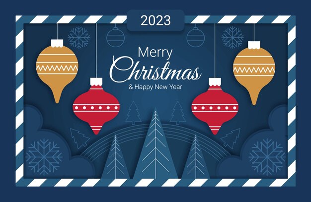 Inscripción Feliz Navidad y Feliz Año Nuevo Banner de Navidad con juguetes de árbol de Navidad y copos de nieve en técnica de corte de papel