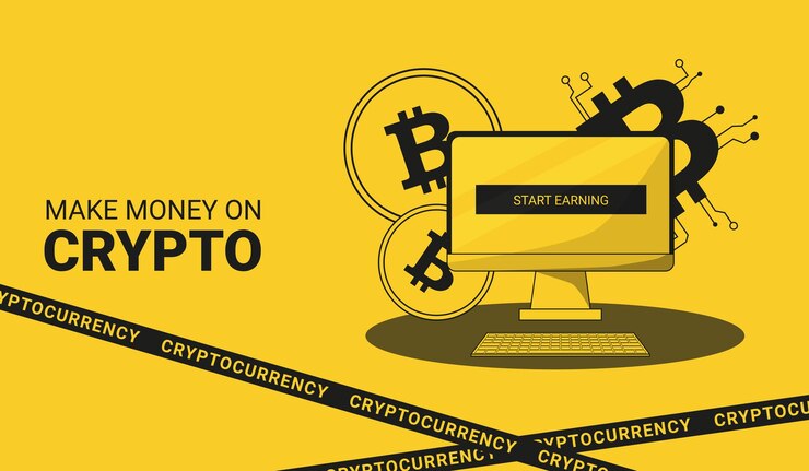Vector la inscripción gana dinero en el escritorio de la cripta en la pantalla en la que la inscripción comienza a ganar un signo de bitcoin y monedas de bitcoin en segundo plano
