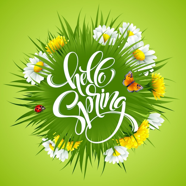 Inscripción Hello Spring Hand Lettering con flores