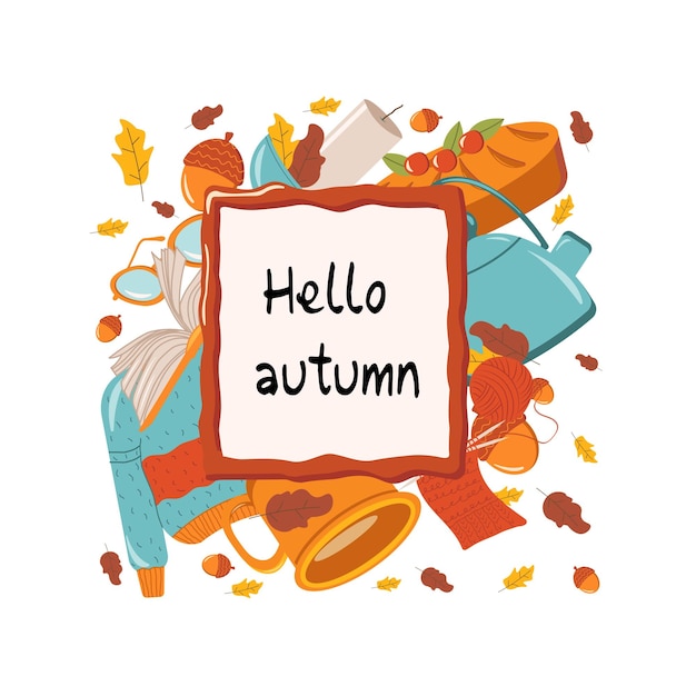 Inscripción hola otoño en un marco sobre el fondo de las hojas de otoño tejer libros bellotas
