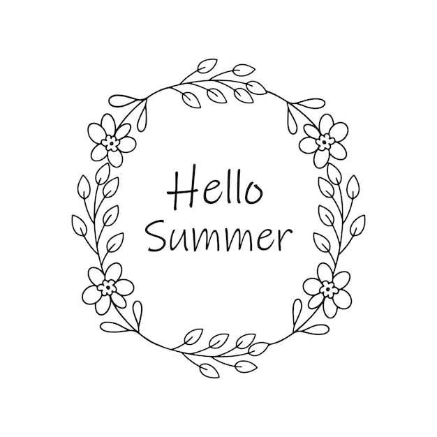 Inscripción hola verano en un círculo de flores Ilustración vectorial aislada en un fondo blanco
