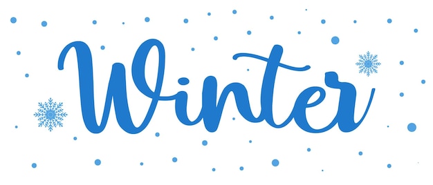 La inscripción Invierno es azul suave con copos de nieve sobre un fondo blanco