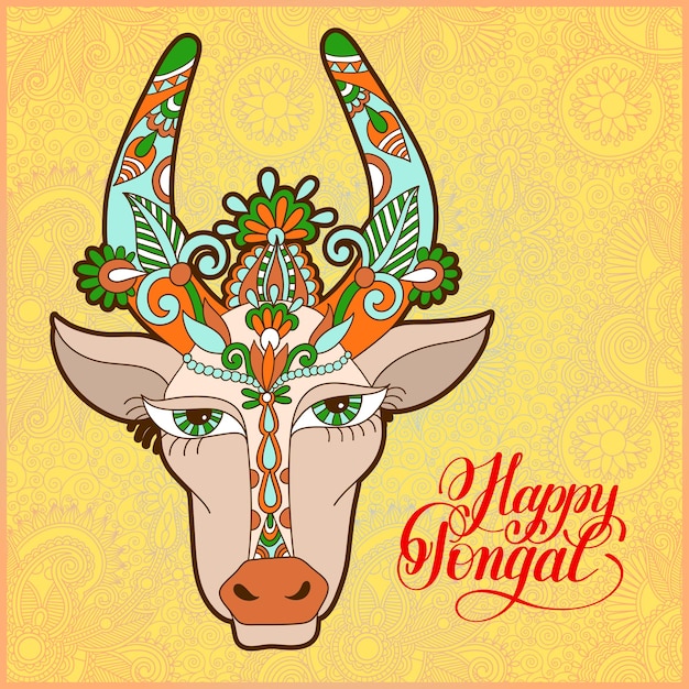 Inscripción de letras de tinta manuscrita pongal feliz en un patrón floral de paisley con vaca para la ocasión