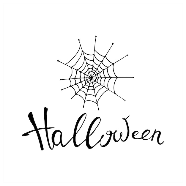 Inscripción manuscrita halloween. rotulación con una telaraña. vector aislado sobre fondo blanco.