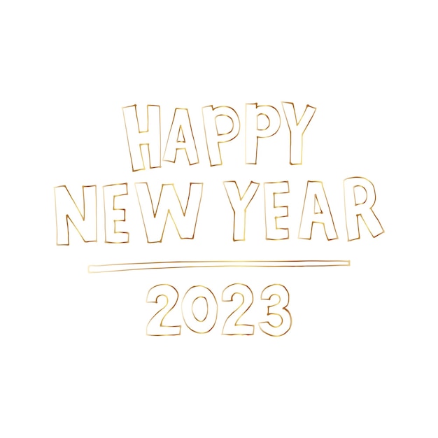 Vector inscripción manuscrita vectorial feliz año nuevo 2023 texto blanco con contorno dorado