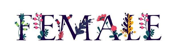 La inscripción Mujer. Flores y capullos alrededor de letras. Estilo plano.