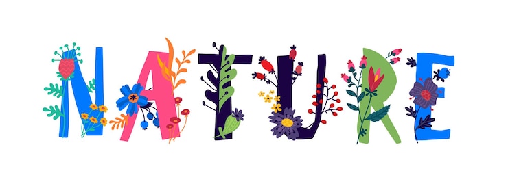 Vector la inscripción nature en inglés plant and flower life