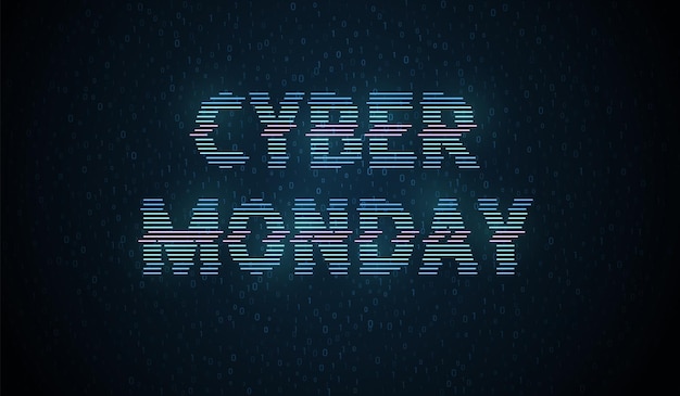 Inscripción de neón cyber monday en un estilo distorsionado sobre un fondo con números.