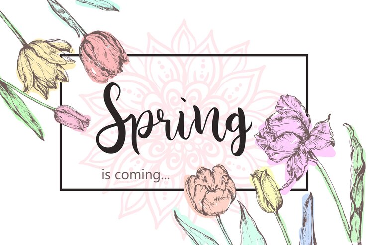 Vector inscripción la primavera se acerca al fondo con flores dibujadas a mano. ilustración vectorial