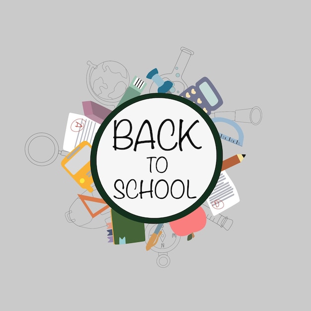 La inscripción de regreso a la escuela. Hay materias escolares alrededor. Calculadora, lápiz, regla, autobús, libro