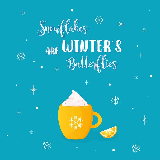 Inscripción de tarjeta de año nuevo feliz Navidad con taza de bebidas ilustración de vector de invierno