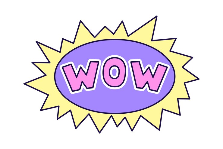 Vector inscripción wow en un óvalo con rayos puntiagudos sobre fondo blanco ilustración retro con contorno en estilo de los años 90 ilustración vectorial aislada