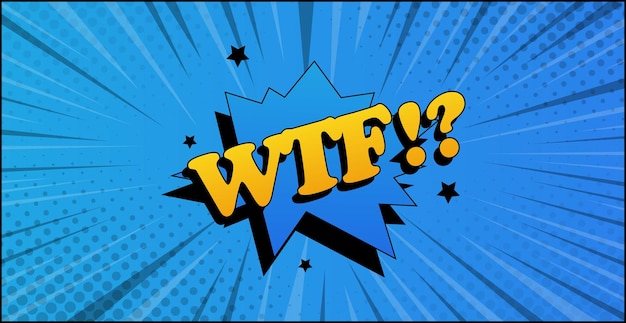 Inscripción de zoom cómico WTF sobre un fondo de color Vector