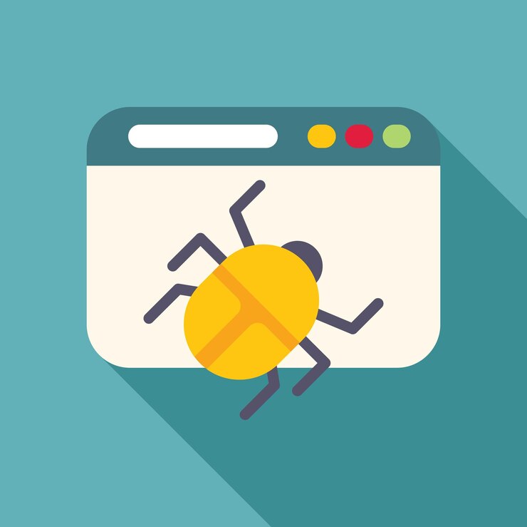Vector el insecto amarillo que se arrastra en la pantalla de la computadora representa la amenaza de virus en línea