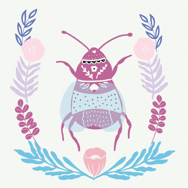 Vector insecto del arte popular con elementos florales de estilo escandinavo.