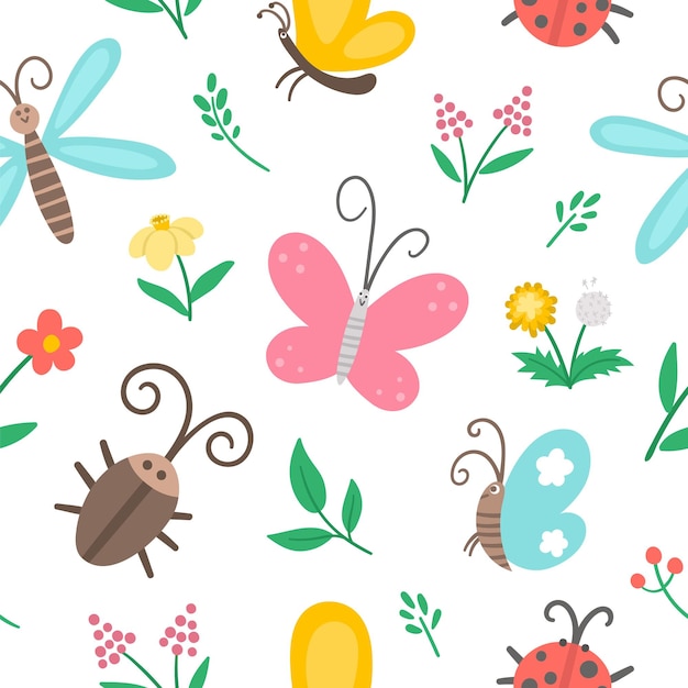 Insecto plano vectorial y patrón sin costuras de la primera flor. Divertido jardín de primavera repitiendo el fondo. Linda mariquita, mariposa, escarabajo, papel digital de diente de león para niños. Textura de insectos y plantas