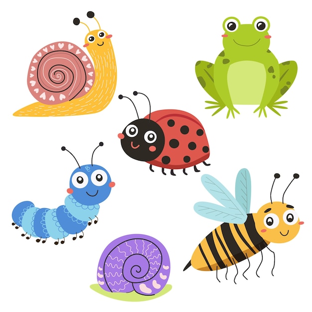 Insectos de dibujos animados divertidos para ilustraciones de libros infantiles mariposa oruga rana caracol