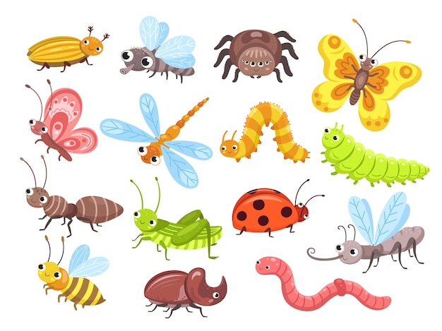 Insectos de dibujos animados. mosca insecto, linda mariposa y escarabajo.