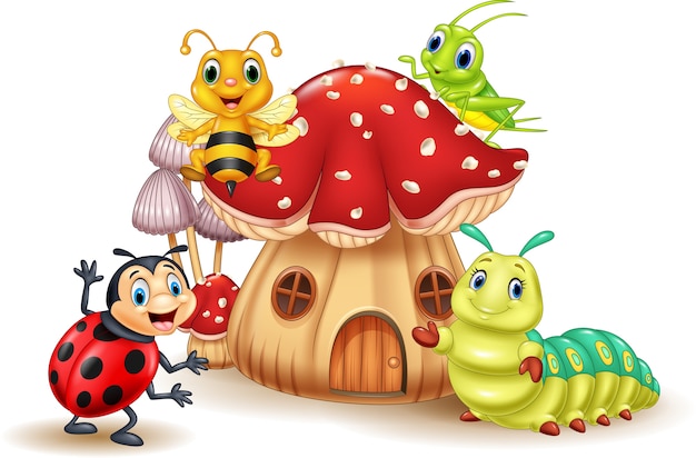 Insectos divertidos de dibujos animados con casa de setas