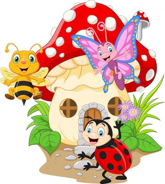 Insectos divertidos de dibujos animados con casa de setas