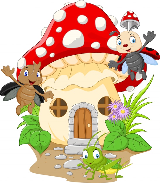 Insectos divertidos de dibujos animados con casa de setas