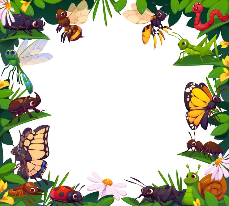 Vector insectos y escarabajos de dibujos animados divertidos en el marco de flores