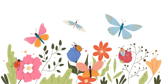 Insectos escarabajos mariposas en flores concepto aislado Ilustración de diseño gráfico vectorial
