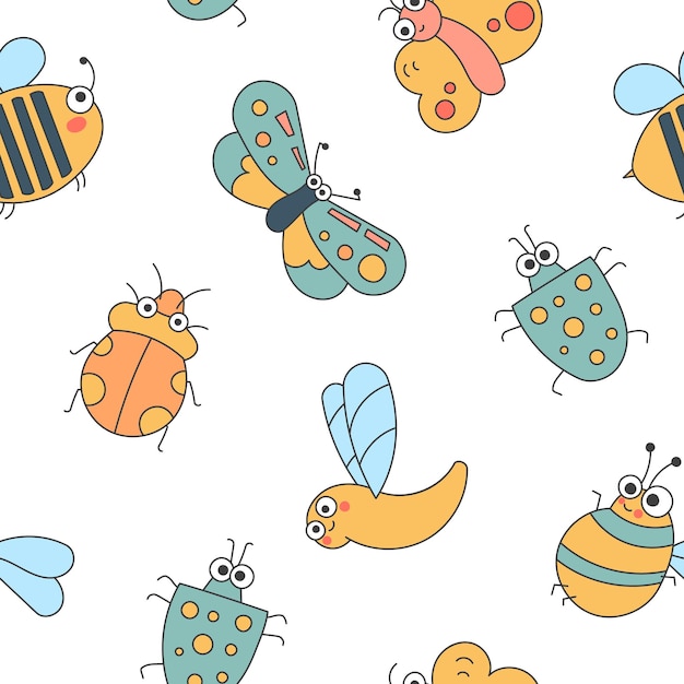 Insectos lindos personajes de dibujos animados patrón sin costuras